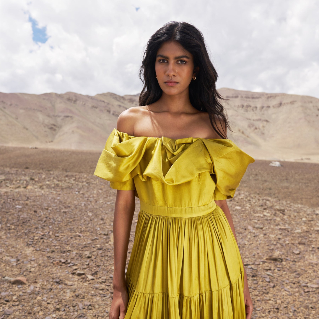 eco-friendly 100% organic cotton strapless midi dress in gold