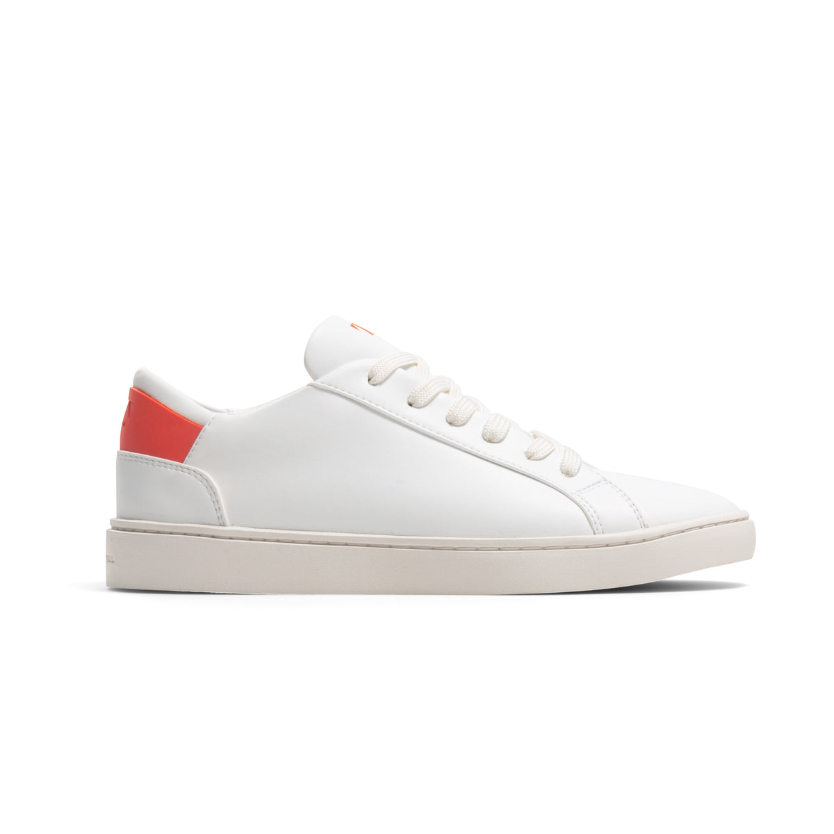white sustainable sneaker with red upper back heel detail