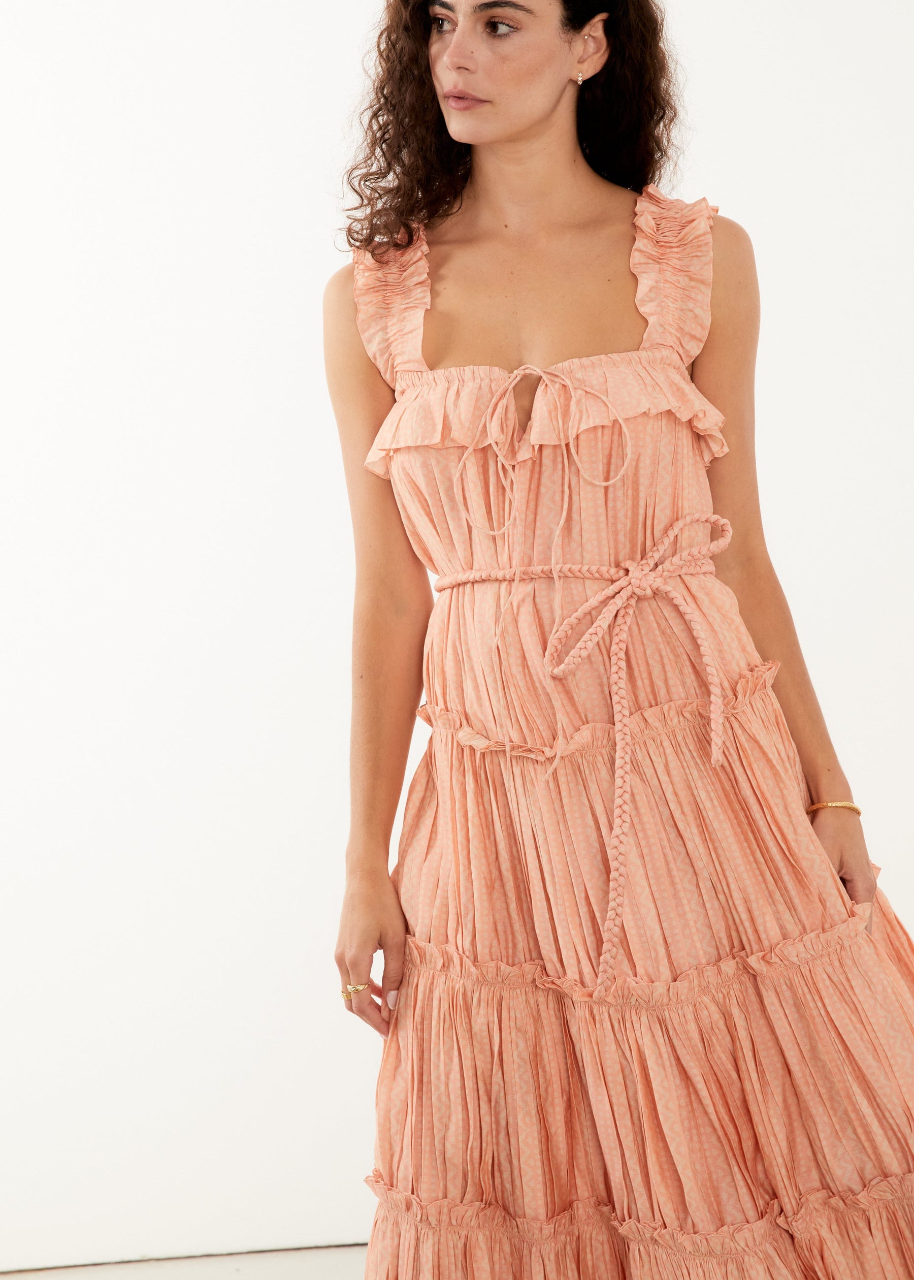 organic crinkle cotton tiered maxi dress in peach