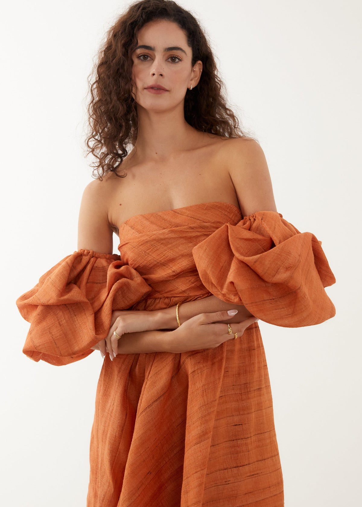 statement puff sleeve mini dress in burnt orange