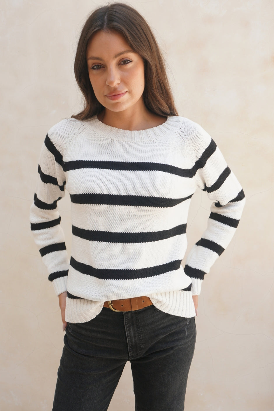 black and white french stripe crewneck sweater