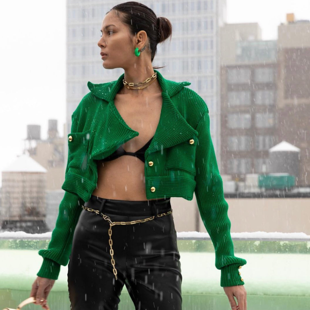 sustainable Green cropped light weight jacket with gold buttons