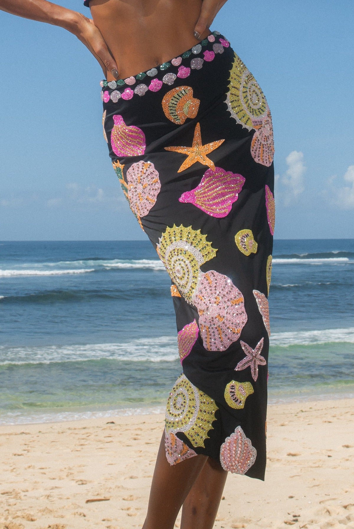 sea motif crystal embellished midi skirt