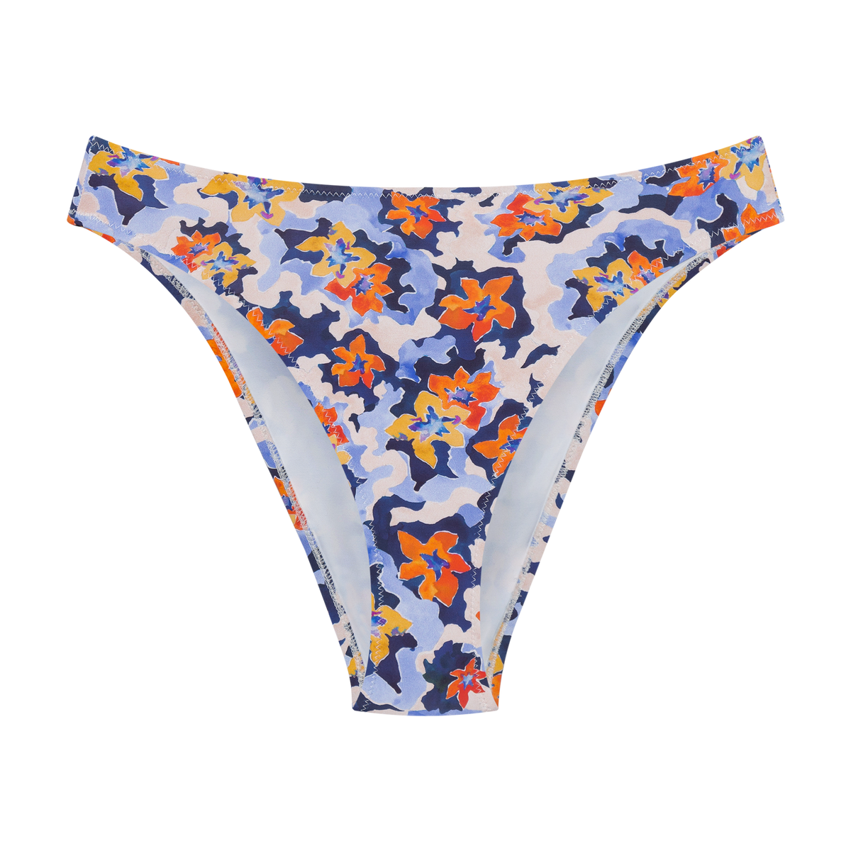 high-rise high-cut bikini bottom blue and orange floral print made from recycled materials