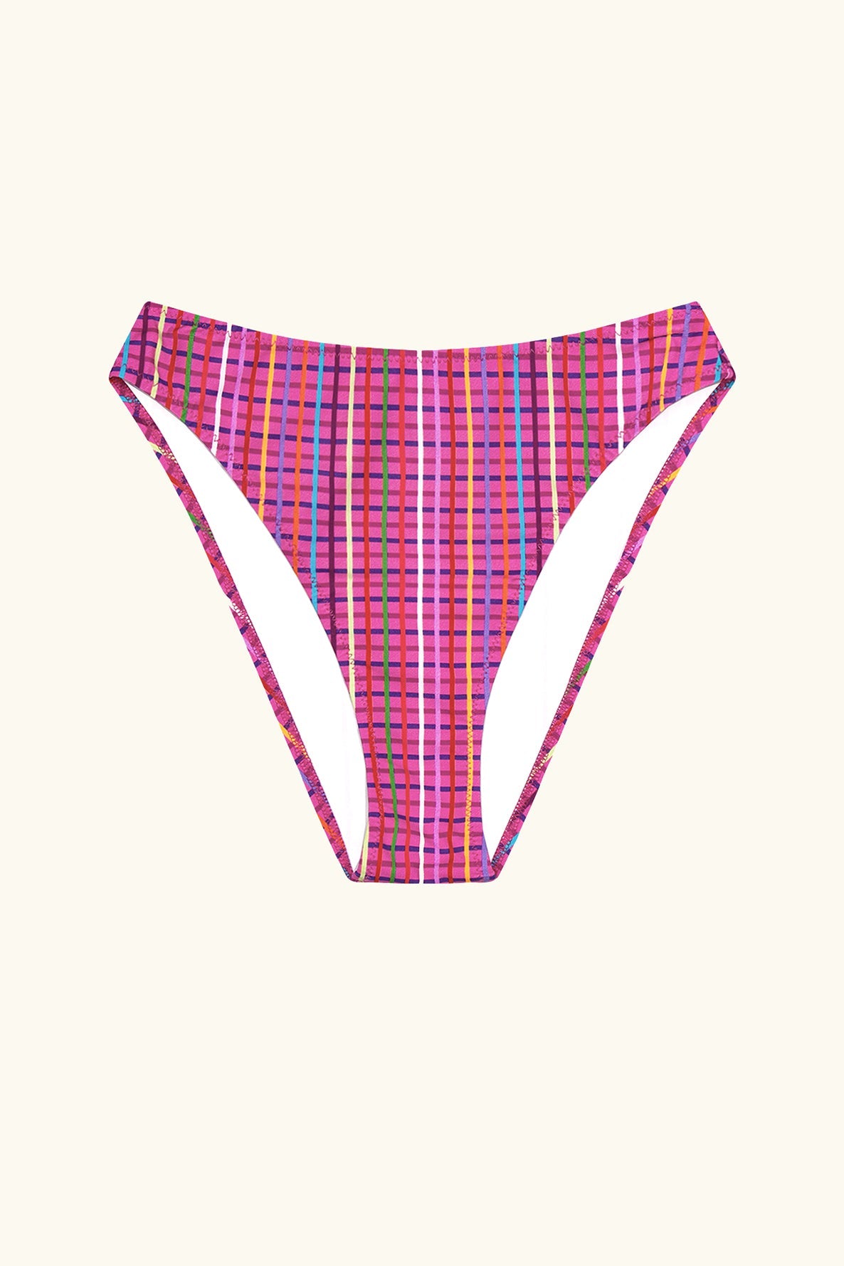 sustainable swimwear high rise french cut bikini bottom in pink with colored stripes