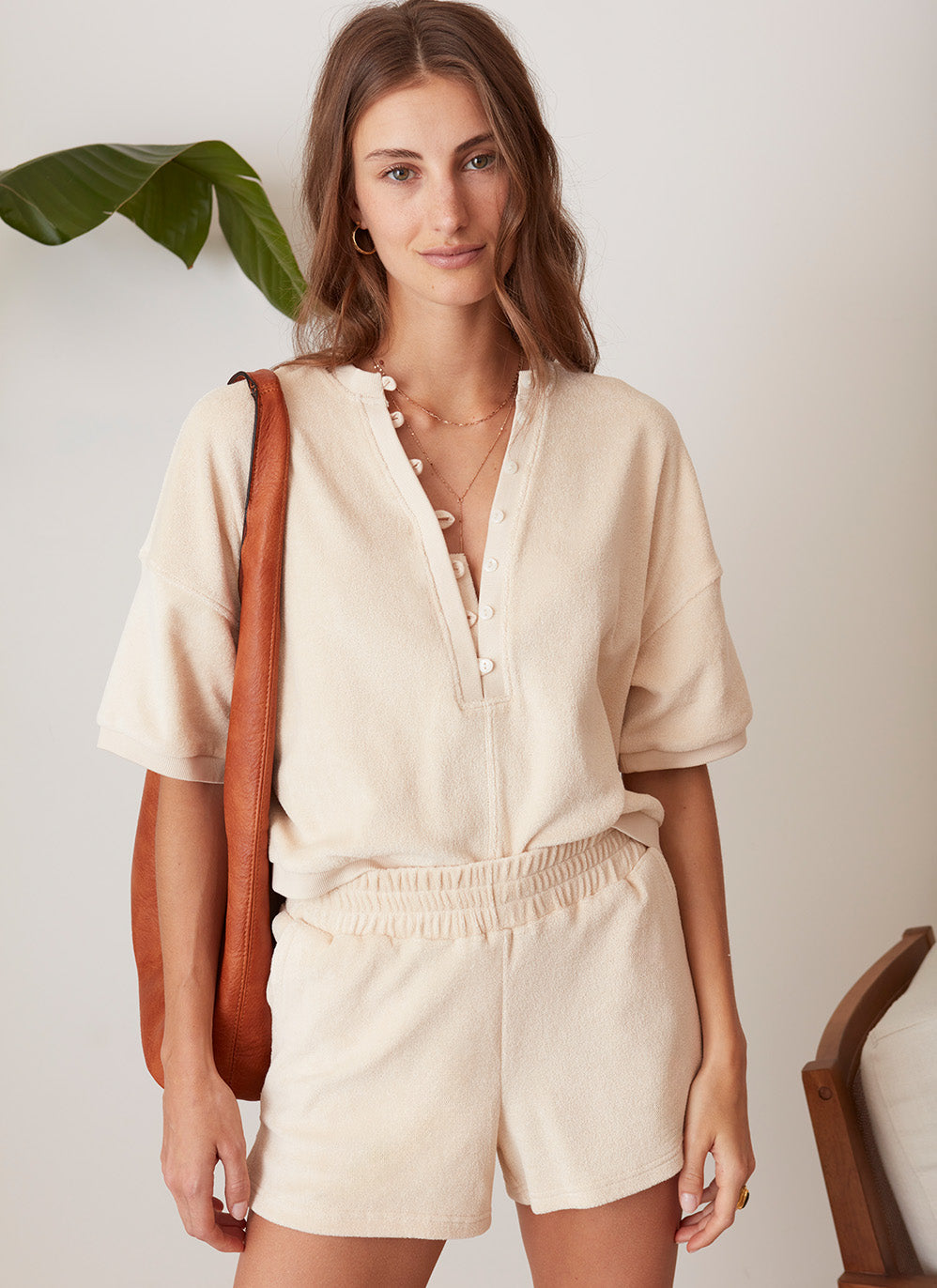 terry fabric button down tee matching set for summer in beige