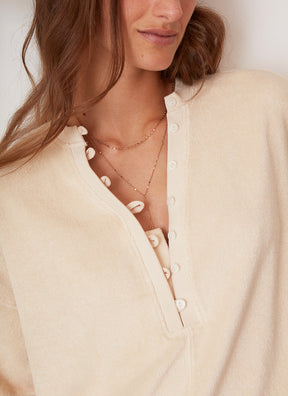 button down tee in beige terry cloth
