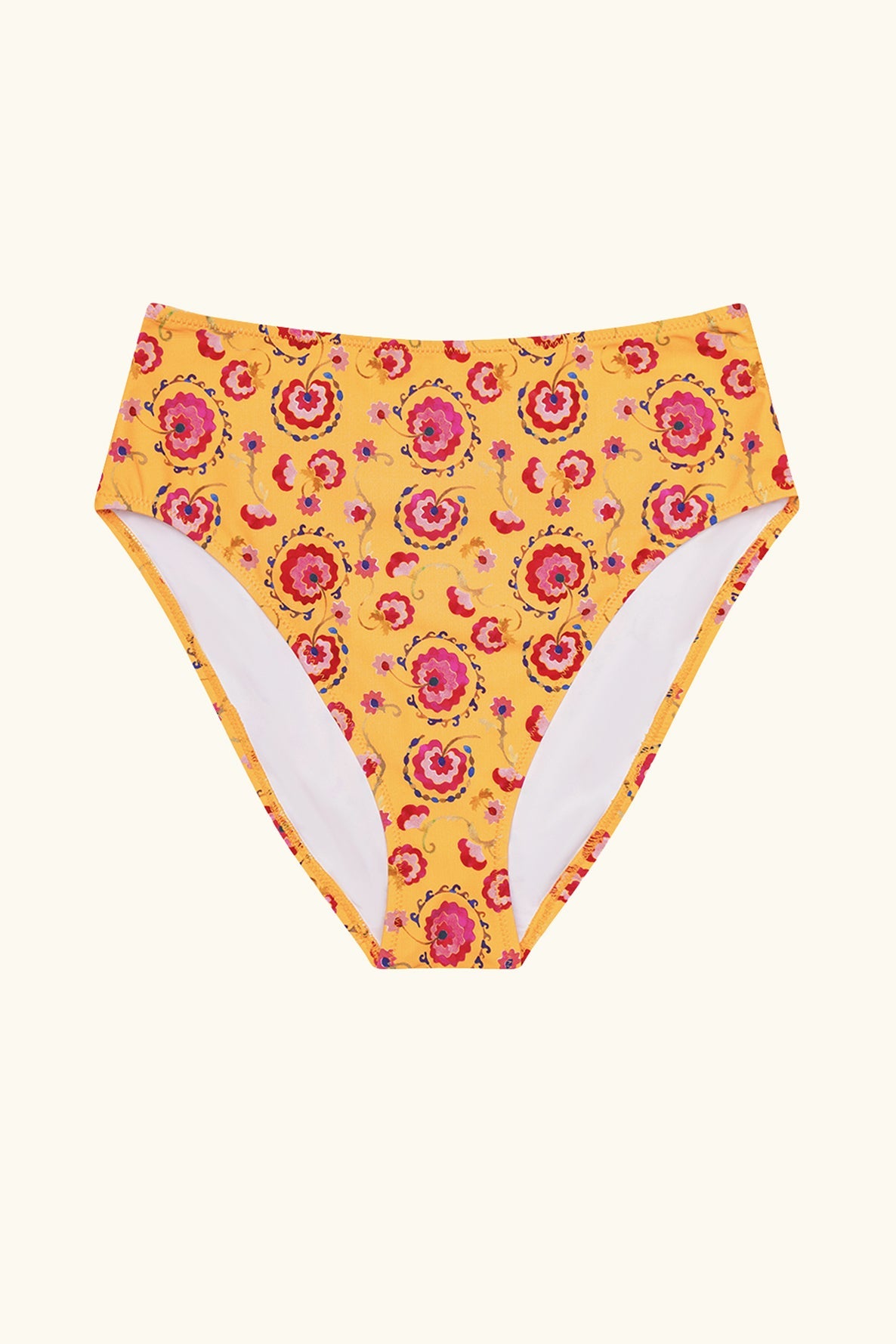 eco conscious swimwear retro inspired high waisted bikini bottom yellow with pink floral print