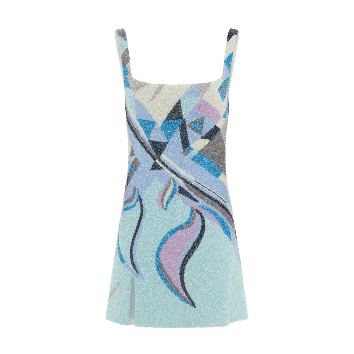 mini dress with abstract blue print and all over crystal embellishment