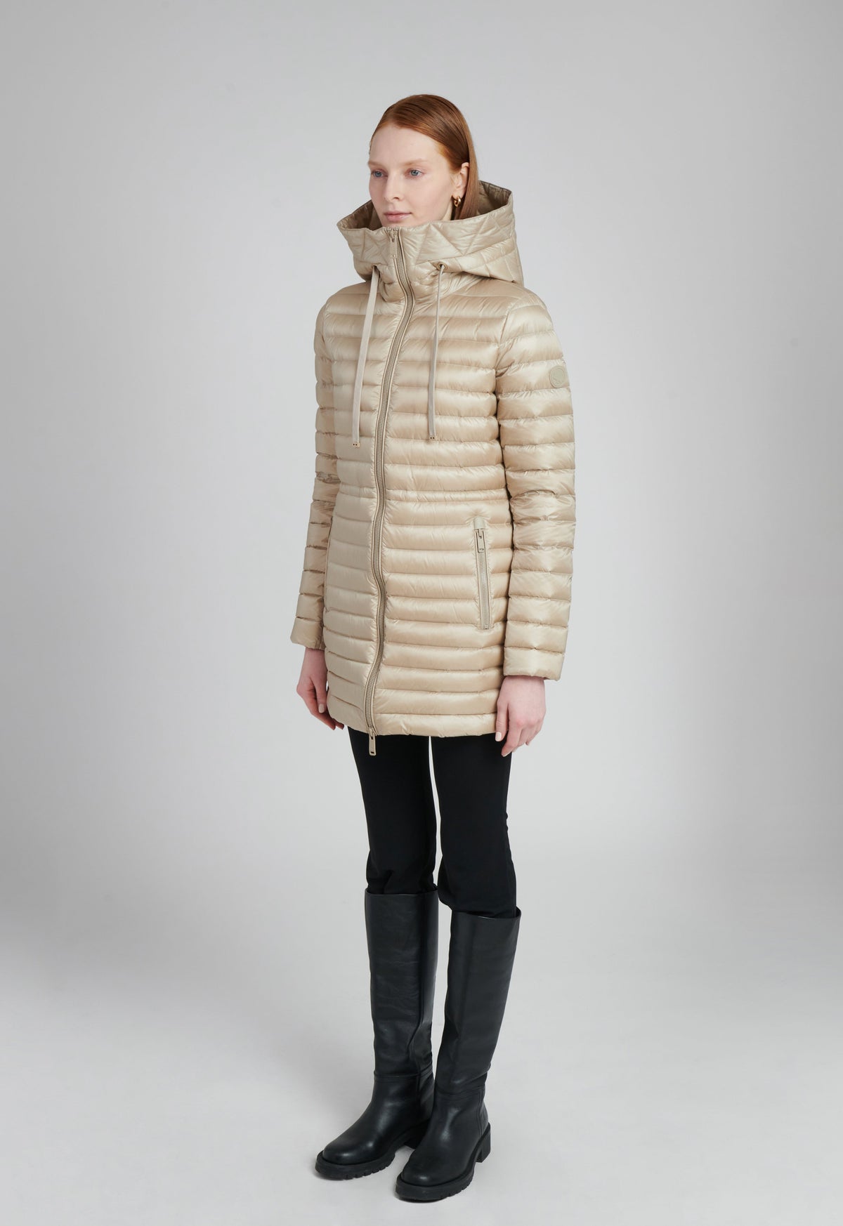lightweight mid length puffer jacket in champagne color