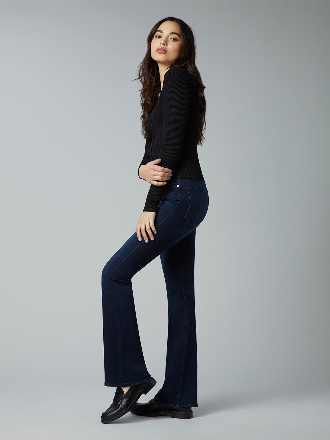 sustainable denim high waisted bootcut jeans in deep indigo
