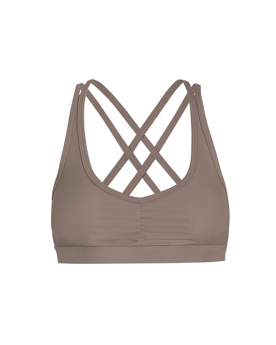 Stylish eco friendly workout bra in color mink (light brown)