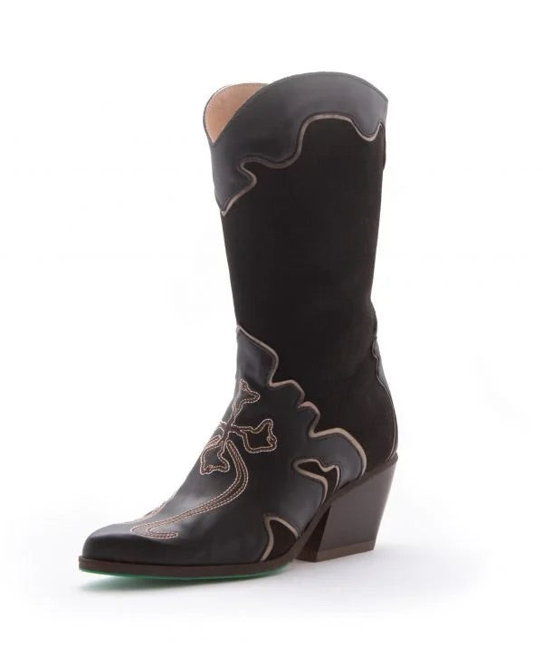 black vegan leather cowboy boots with vegan suede and bronze details 