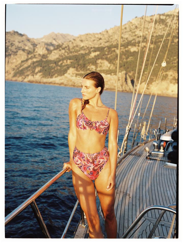 eco conscious swimwear 90s inspired pink paisley bikini top