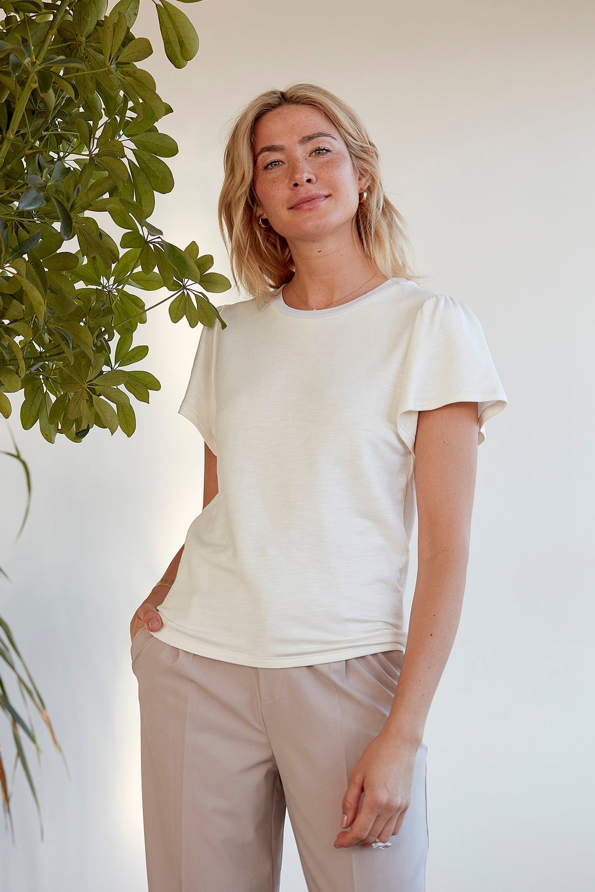 white everyday t shirt with flutter sleeves
