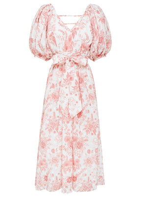 romantic floral print midi dress with puffed sleeves made from organic cotton
