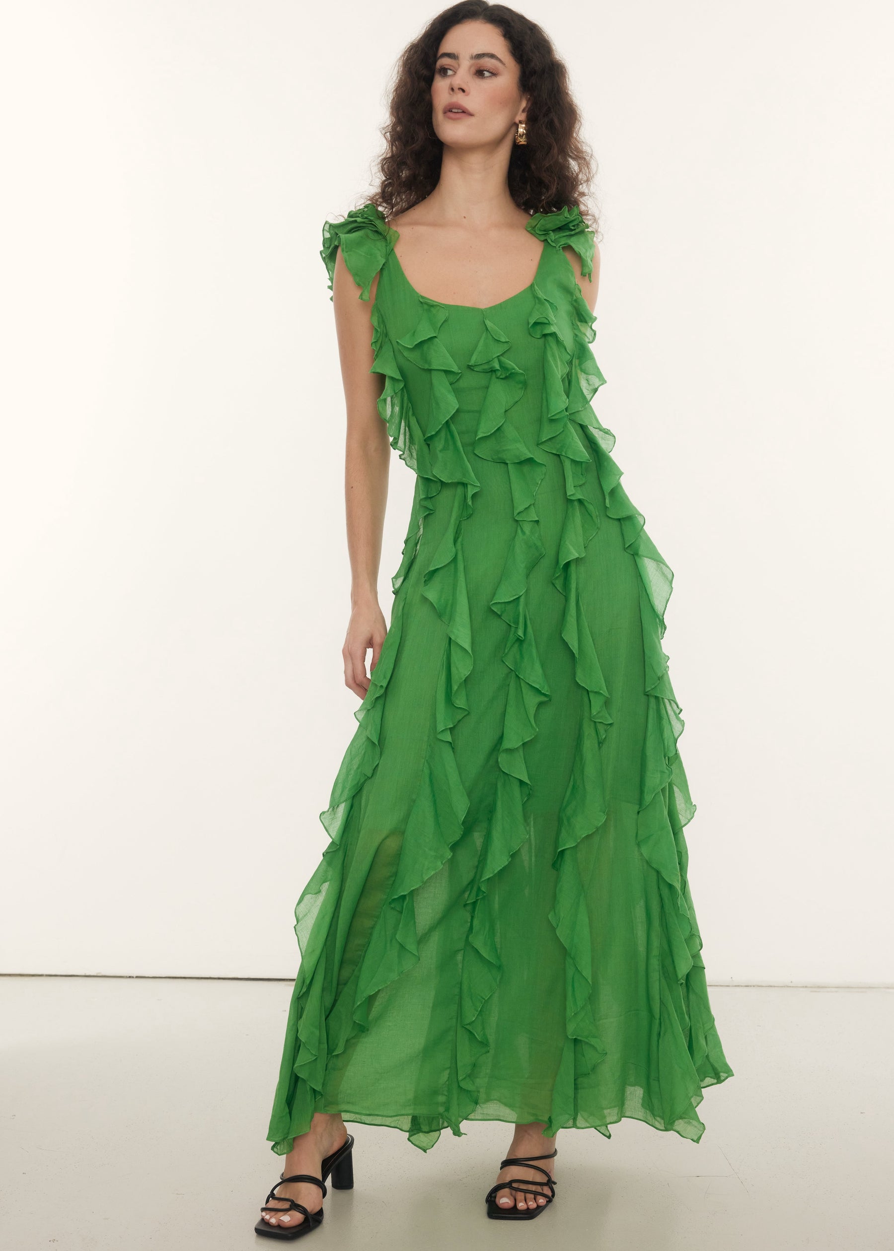 flowy maxi dress with ruffle detailing in green 