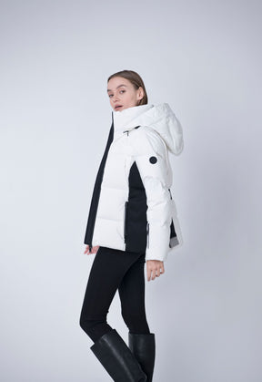 eco conscious fitted puffer coat in white and black