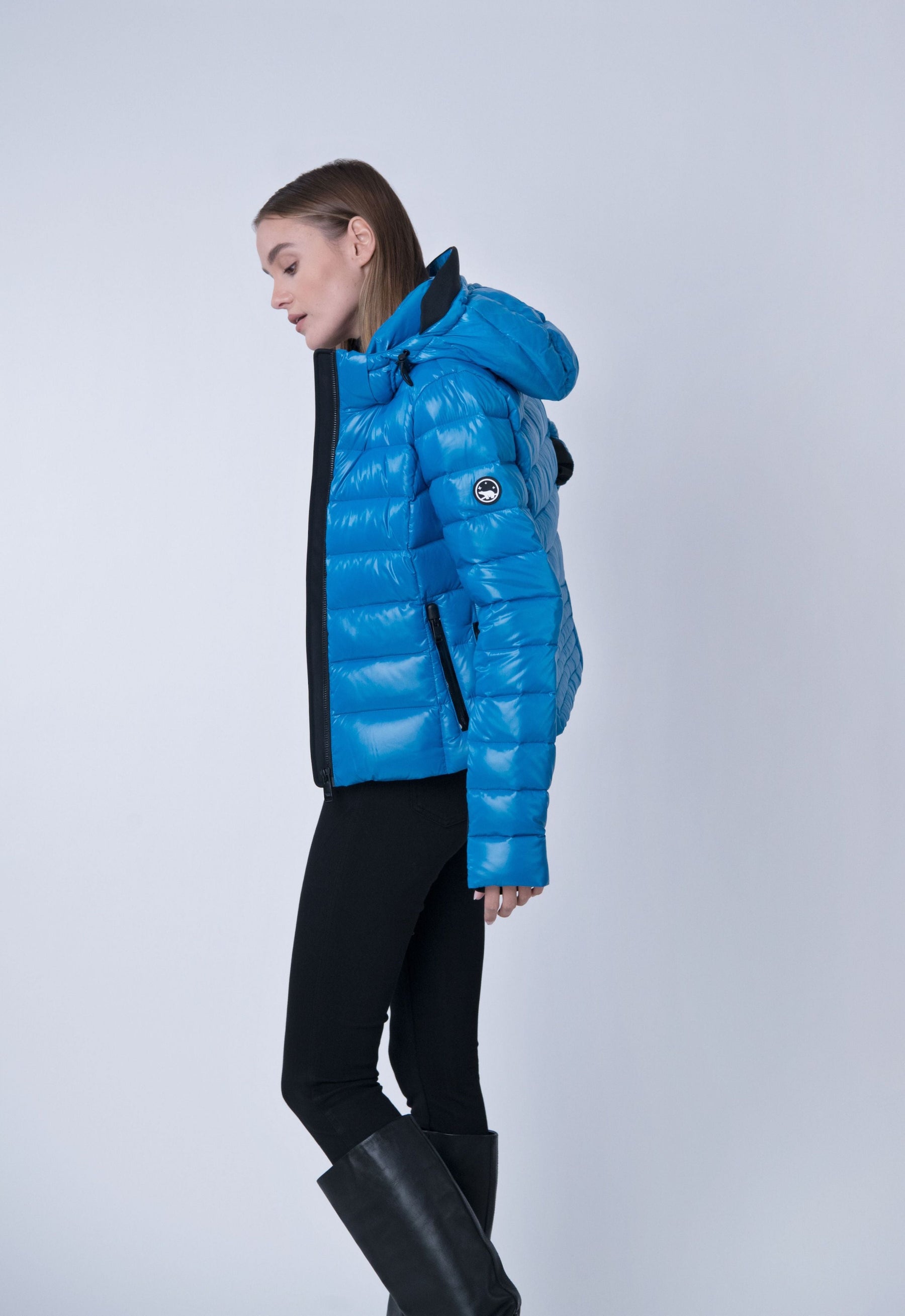 sustainable cropped puffer coat in blue