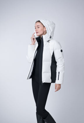 sustainable short puffer coat with removable hood in white and black