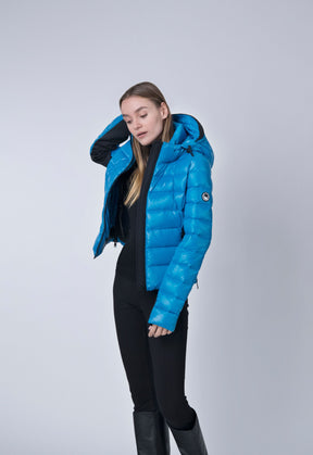 fitted short down jacket in blue
