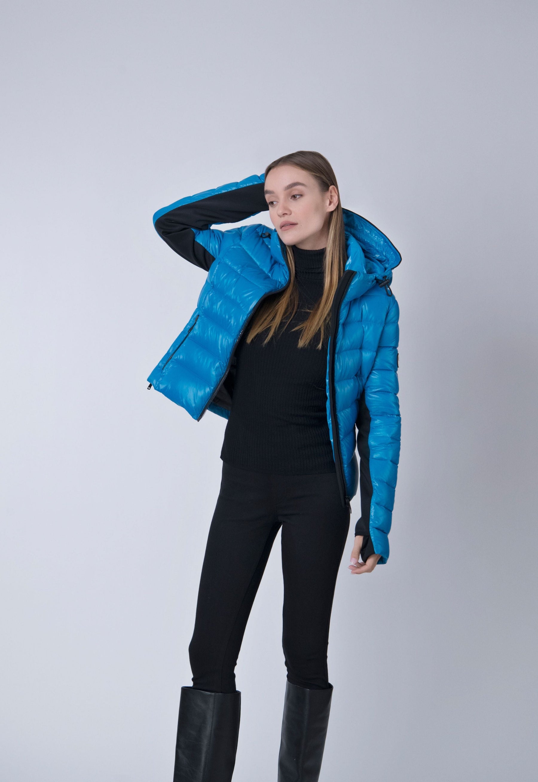 blue short down coat with hood made with recycled materials