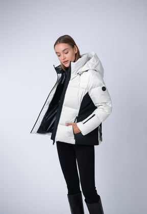 white with black belted fitted short puffer coat made from recycled materials
