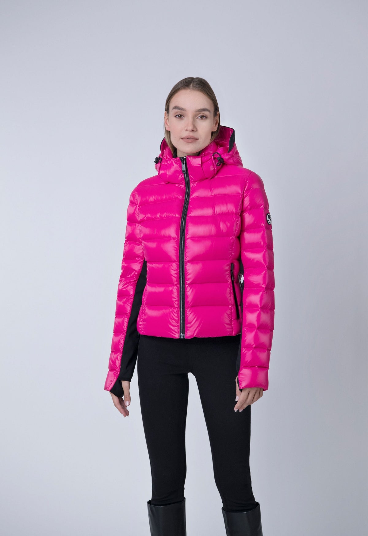 pink puffer with hood