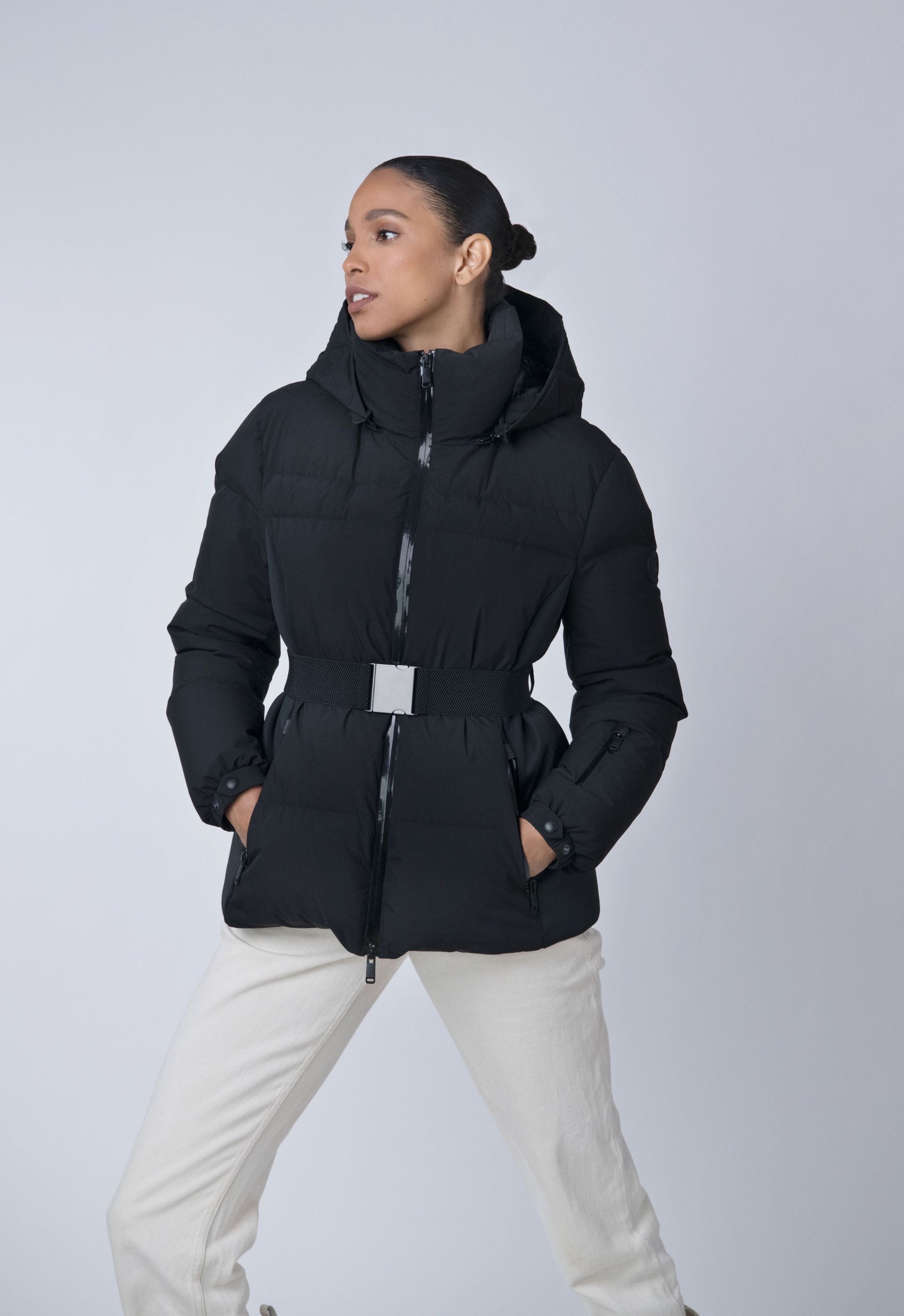 Black belted fitted short puffer coat