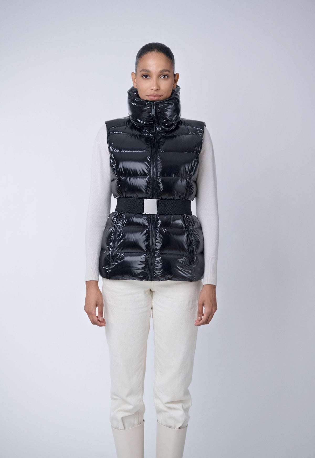 Shiny belted puffer vest