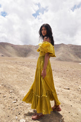 marigold maxi dress with off the shoulder sleeve detail