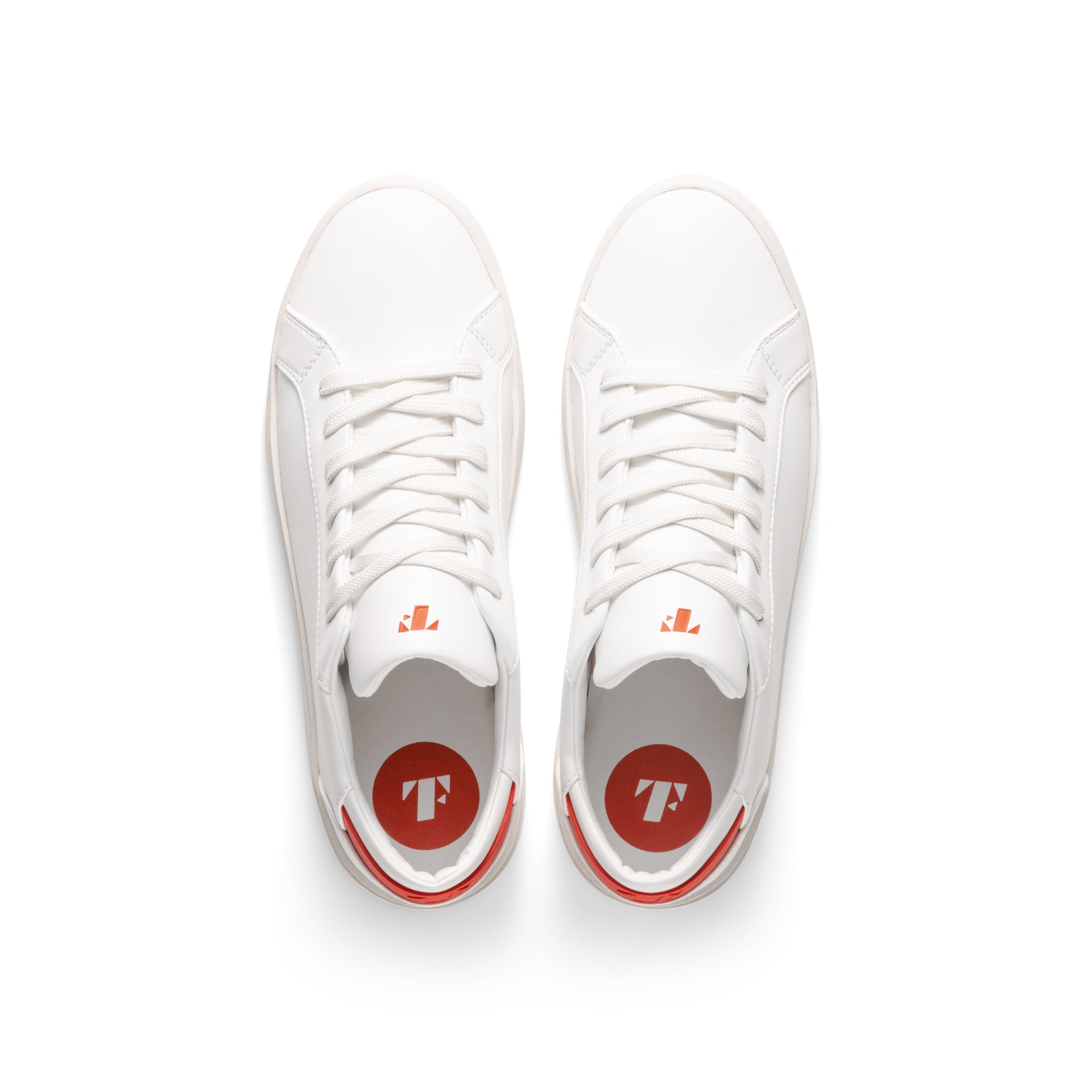 top view of red and white eco conscious sneakers