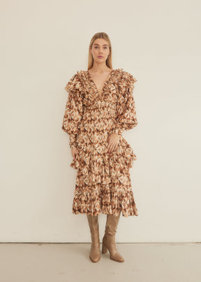fall printed ruffle midi dress