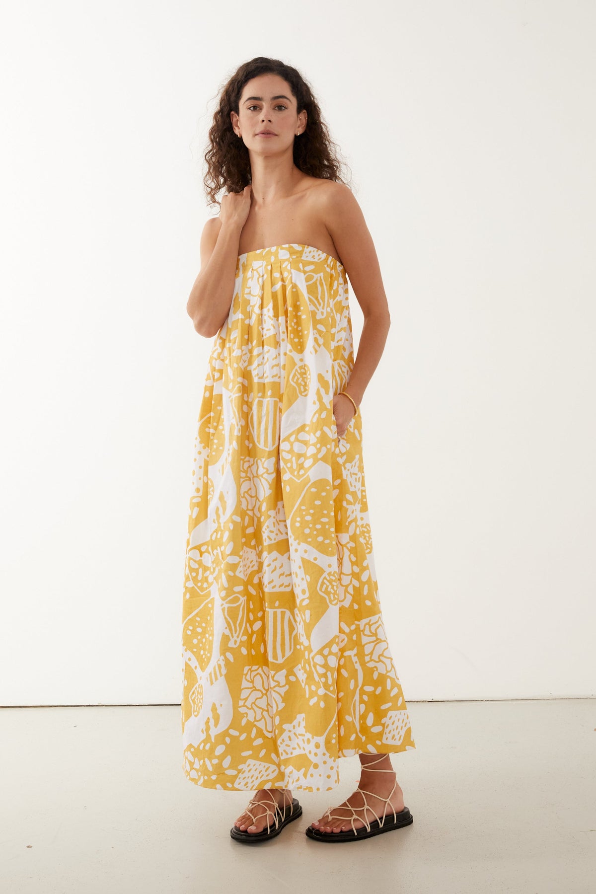 strapless midi summer dress in white and yellow bold print