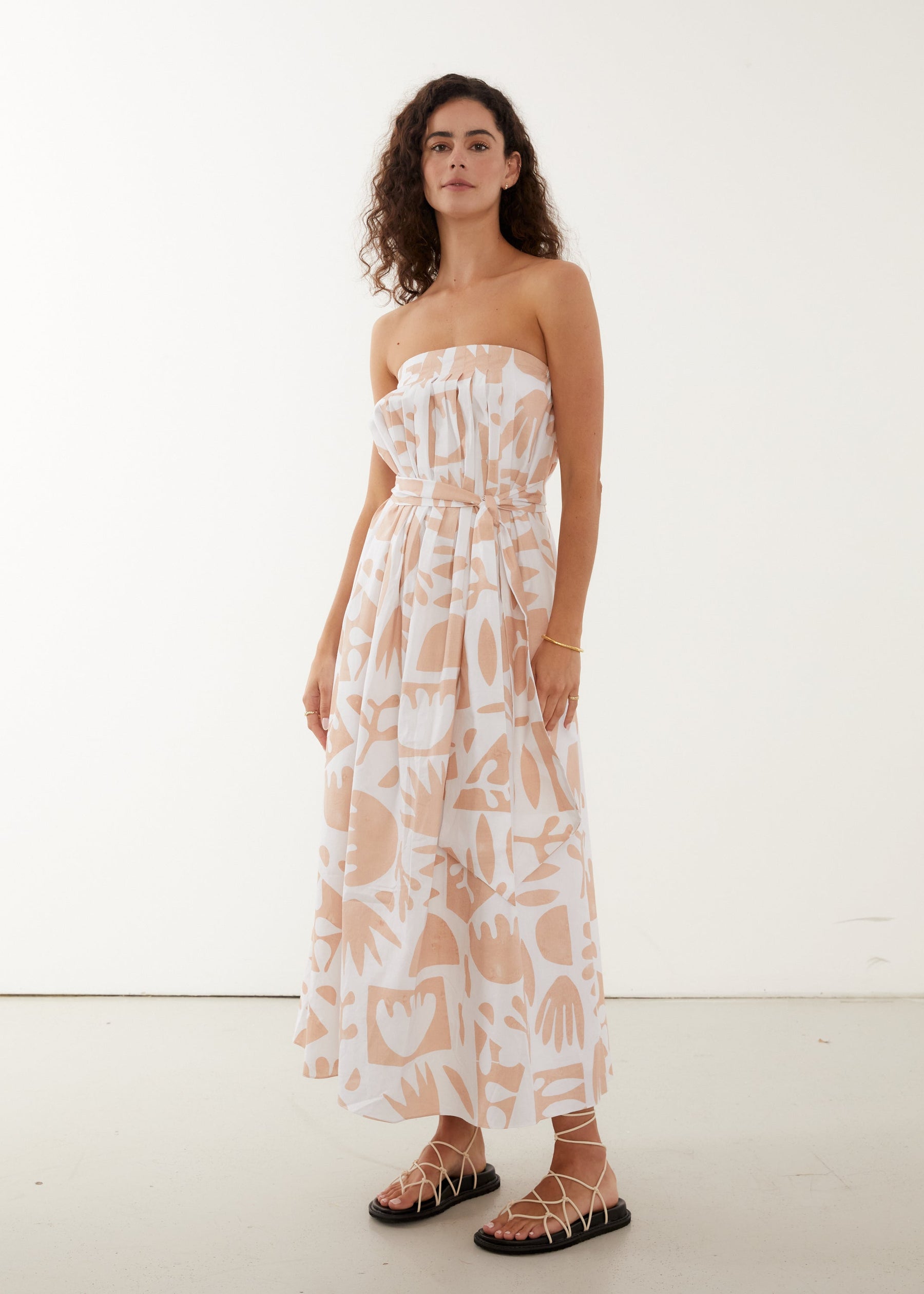 printed strapless midi dress