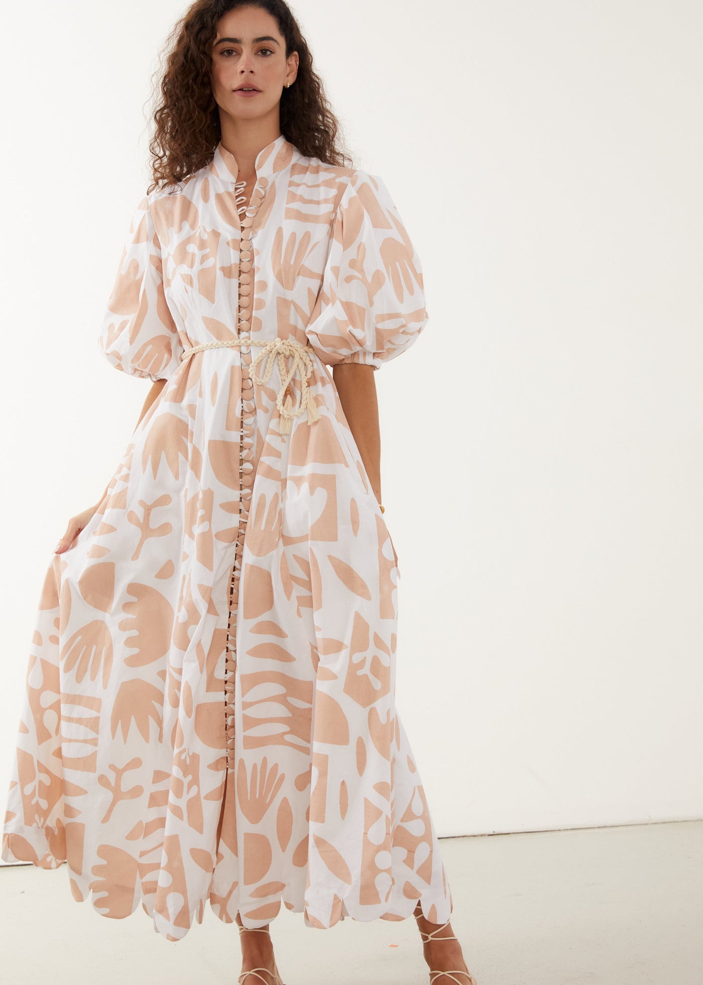 printed midi dress with voluminous sleeves