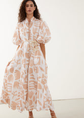 printed midi dress with voluminous sleeves