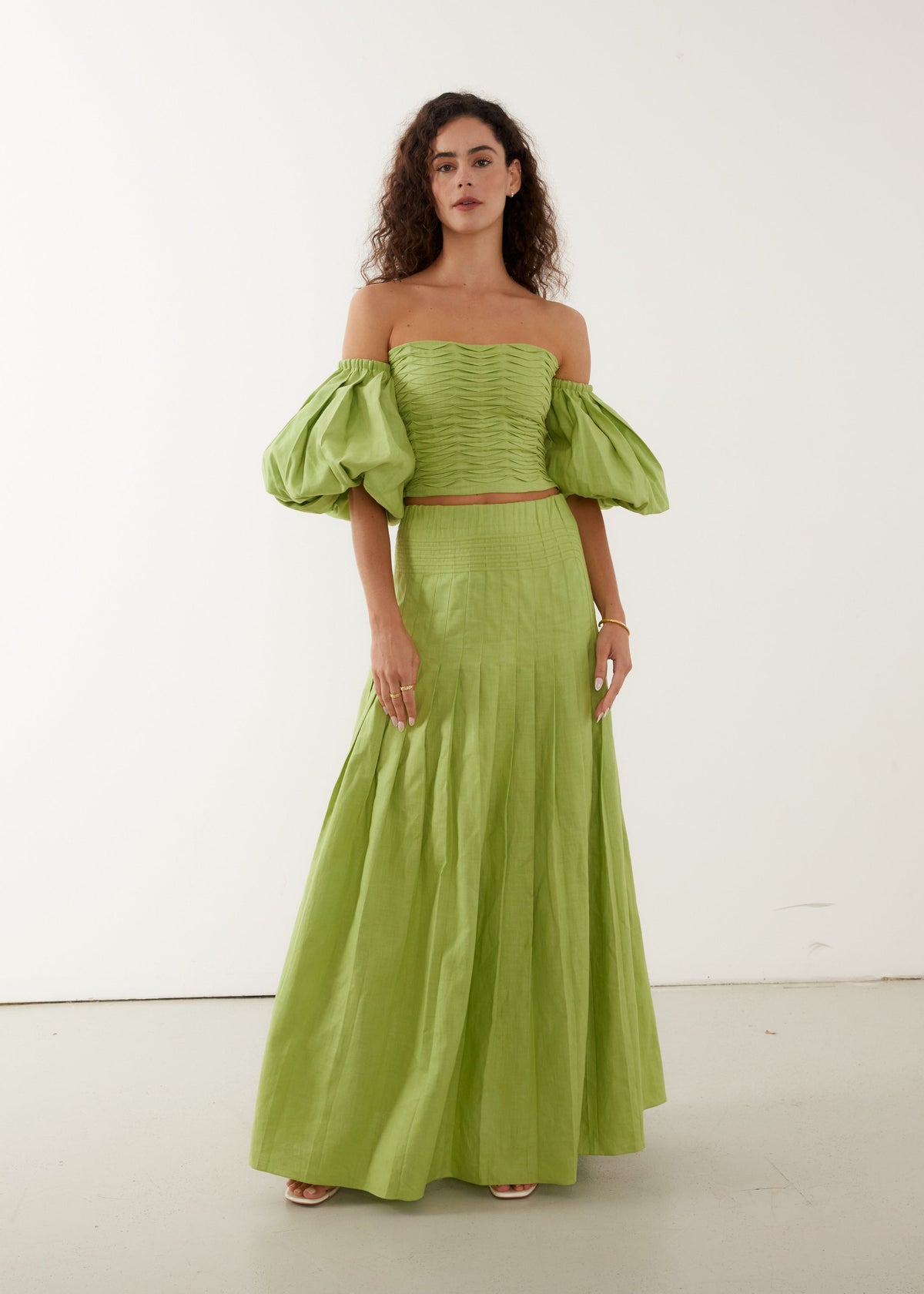 Lime green crop top puff sleeve top and matching maxi skirt