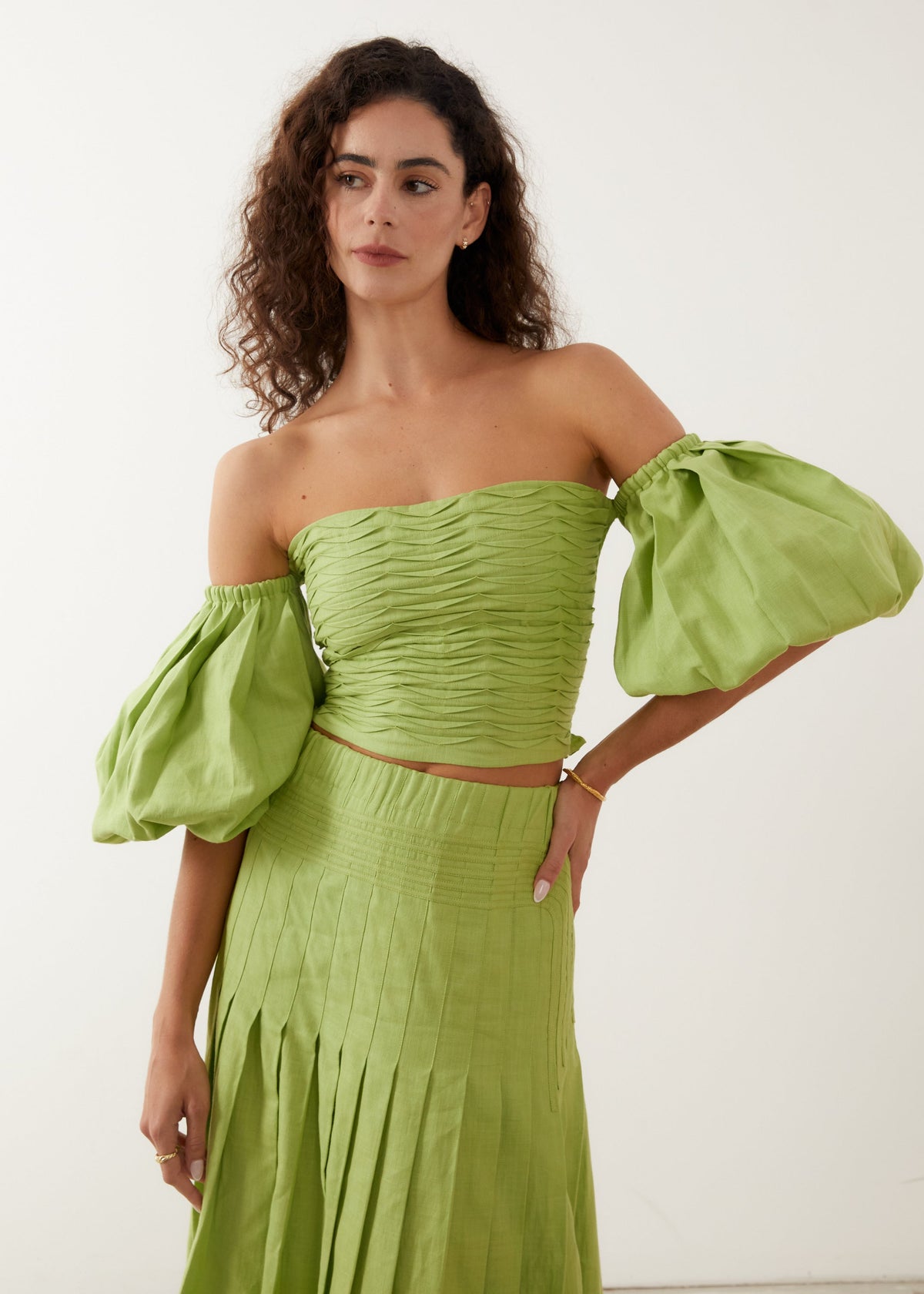 lime green resortwear crop top and maxi skirt set