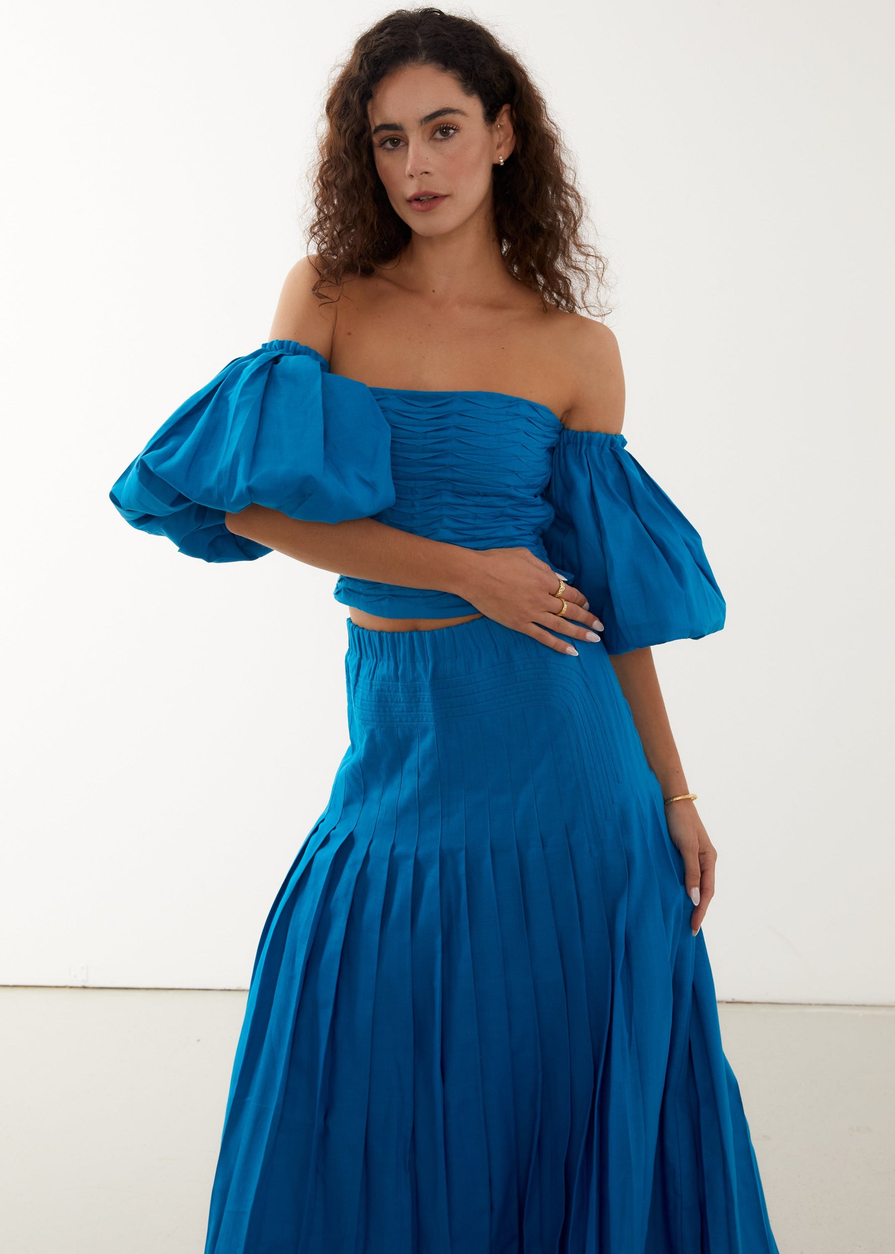 royal blue A line pleated maxi skirt for summer