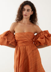 puff sleeve off the shoulder mini dress in papaya orange
