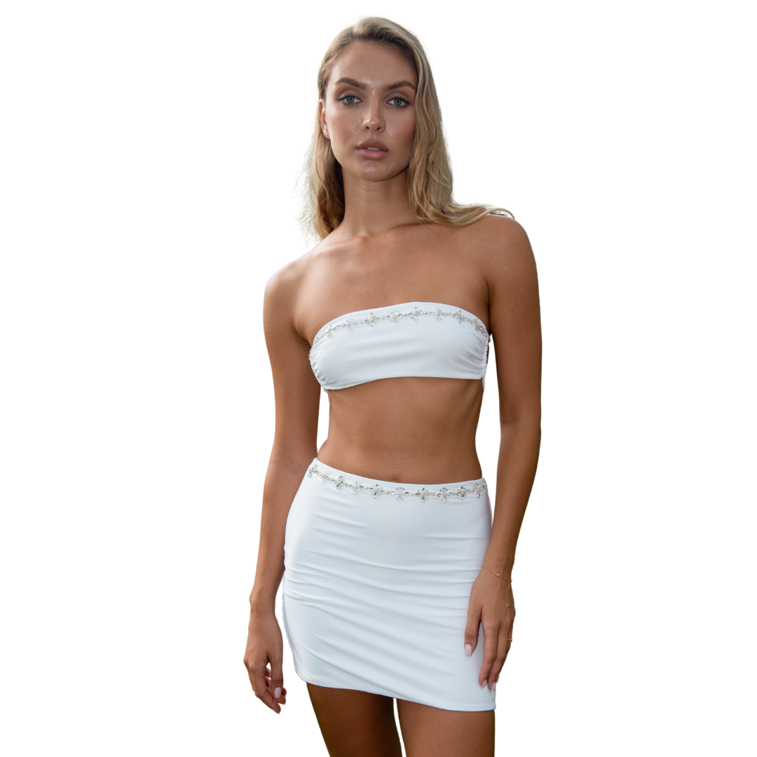 bandeau top and mini skirt co ord set with crystal detail