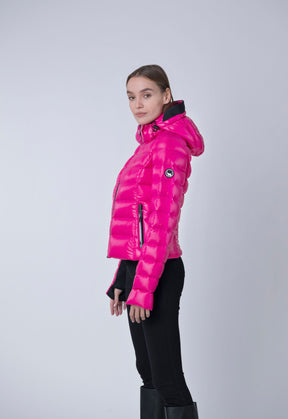 short pink puffer made from sustainable materials