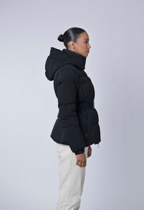 sustainable black fitted puffer coat with belt 