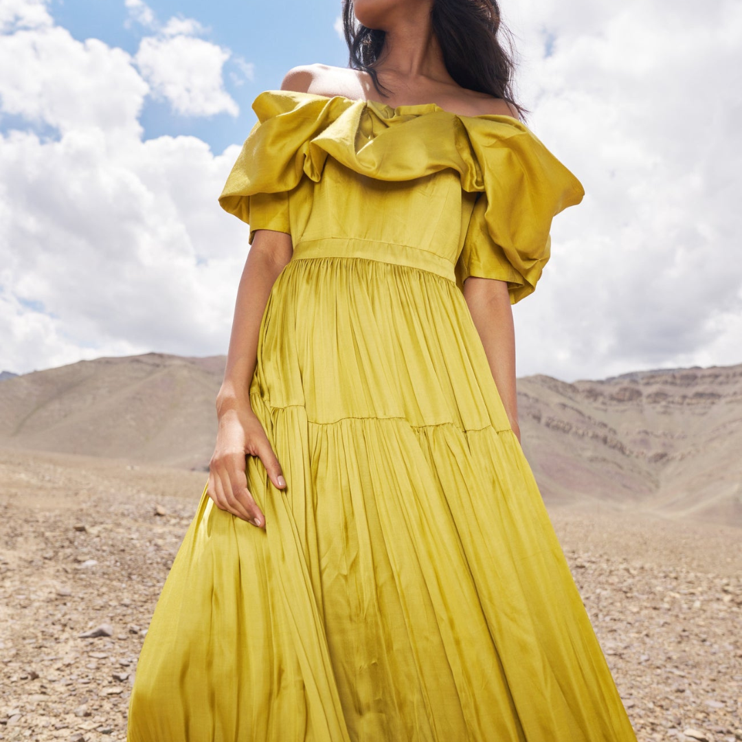 100% organic cotton eco-friendly mustard yellow off the shoulder maxi dress 