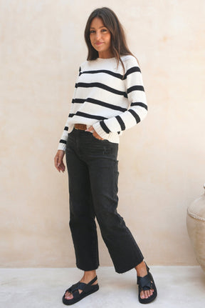 sustainable cotton black and white striped crewneck sweater