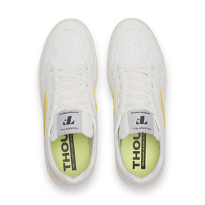 top view of white eco-friendly vegan sneakers with cushioned insole 