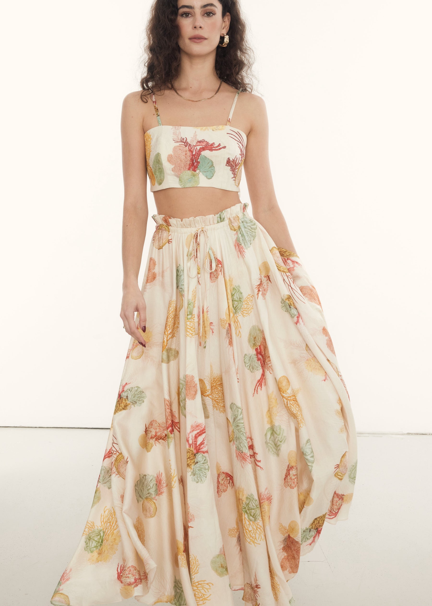matching summer printed maxi skirt and crop top set