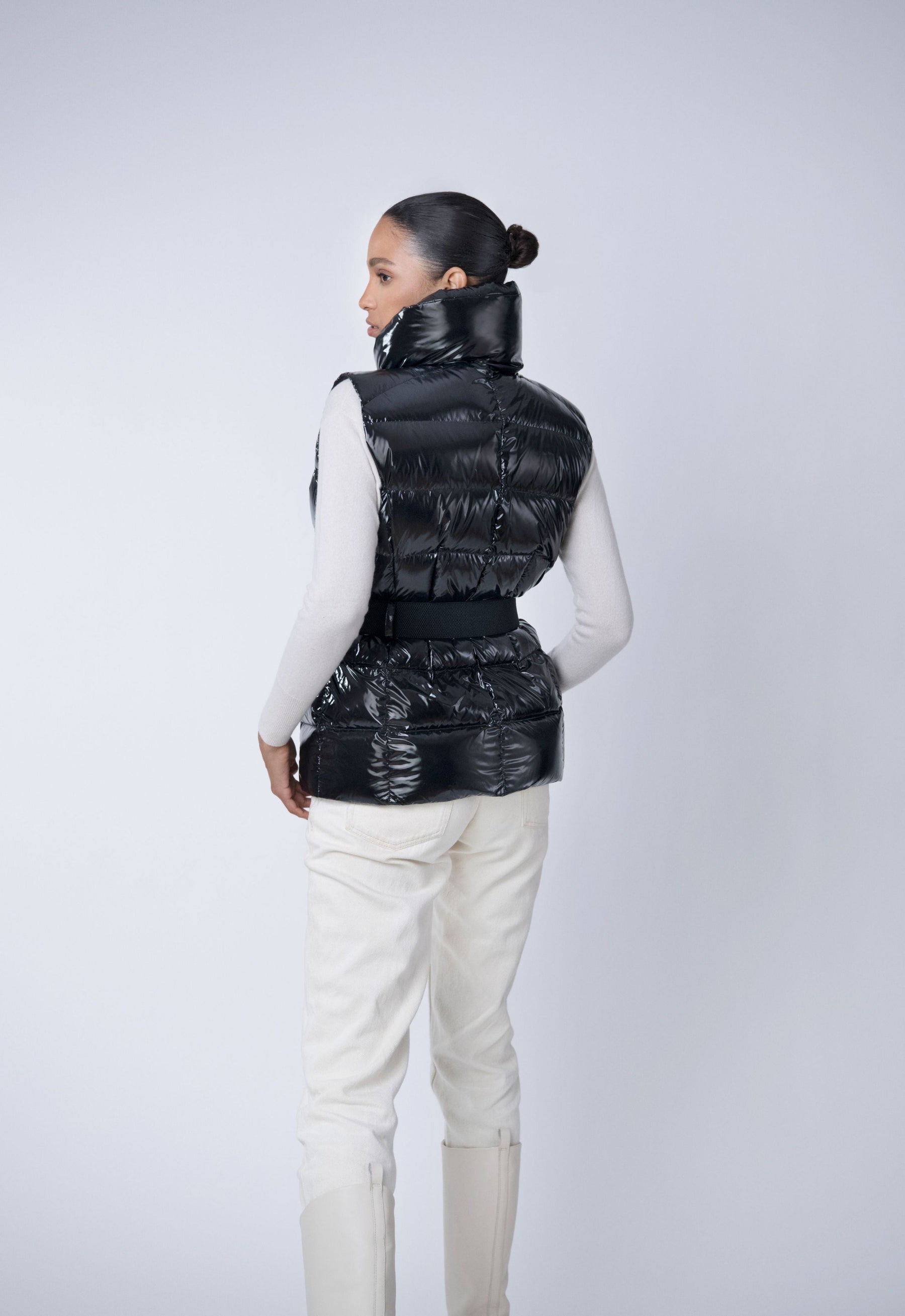 sustainable down puffer vest with belt in black