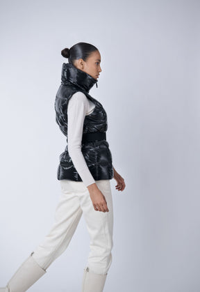 eco friendly down puffer vest with belt in black